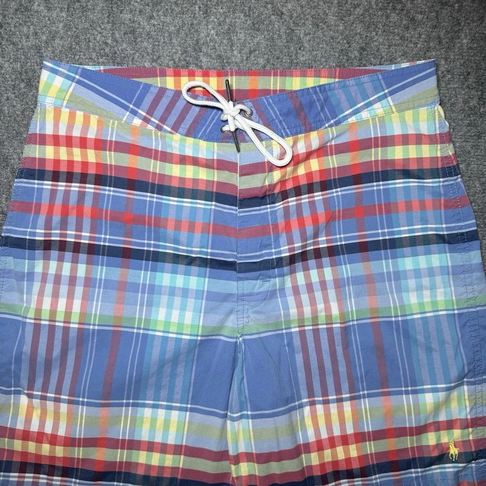 VTG Polo Ralph Lauren Board Shorts Men Tag 33 Blue Plaid Madras 7
